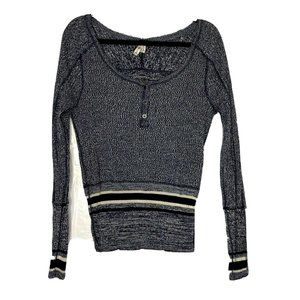 We The Free Size L Ribbed Cotton Navy Variegated Ivory Crochet Henley Top